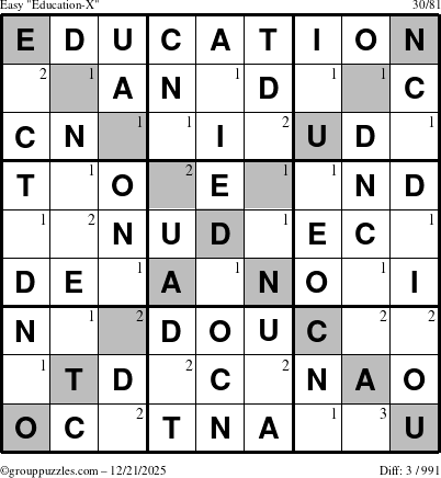 The grouppuzzles.com Easy Education-X puzzle for Sunday December 21, 2025 with the first 3 steps marked