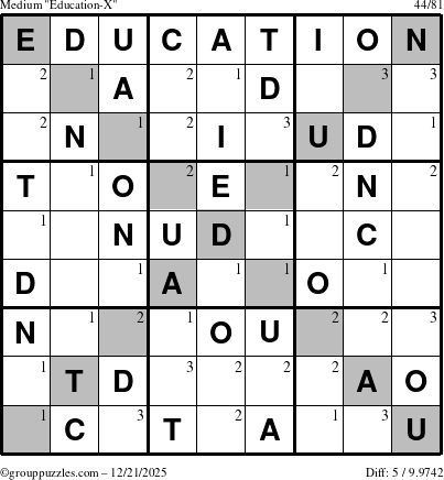 The grouppuzzles.com Medium Education-X puzzle for Sunday December 21, 2025 with the first 3 steps marked