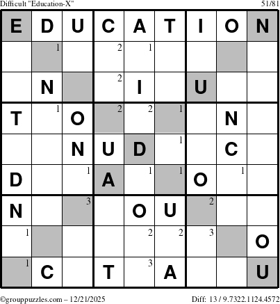The grouppuzzles.com Difficult Education-X puzzle for Sunday December 21, 2025 with the first 3 steps marked