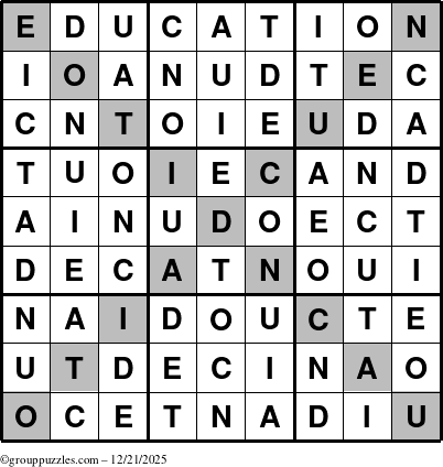 The grouppuzzles.com Answer grid for the Education-X puzzle for Sunday December 21, 2025