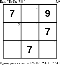 The grouppuzzles.com Easy TicTac-789 puzzle for Sunday December 21, 2025 with the first 2 steps marked