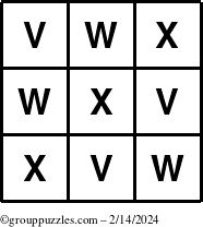 The grouppuzzles.com Answer grid for the TicTac-VWX puzzle for Wednesday February 14, 2024