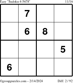 The grouppuzzles.com Easy Sudoku-4-5678 puzzle for Wednesday February 14, 2024