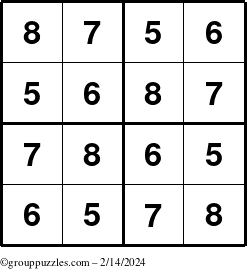 The grouppuzzles.com Answer grid for the Sudoku-4-5678 puzzle for Wednesday February 14, 2024
