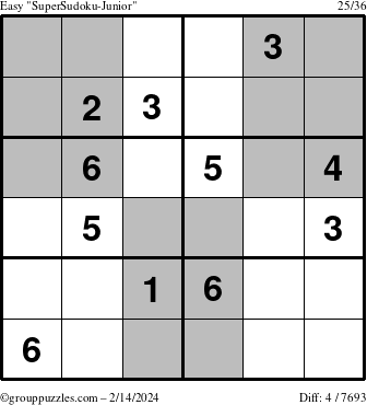 The grouppuzzles.com Easy SuperSudoku-Junior puzzle for Wednesday February 14, 2024