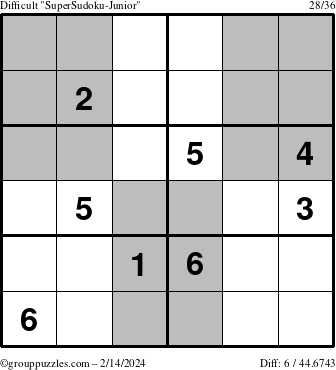 The grouppuzzles.com Difficult SuperSudoku-Junior puzzle for Wednesday February 14, 2024