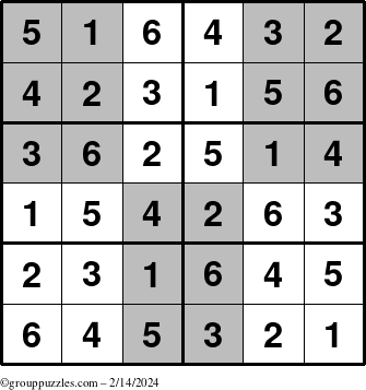 The grouppuzzles.com Answer grid for the SuperSudoku-Junior puzzle for Wednesday February 14, 2024
