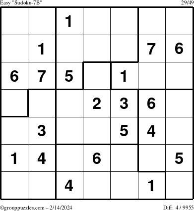 The grouppuzzles.com Easy Sudoku-7B puzzle for Wednesday February 14, 2024