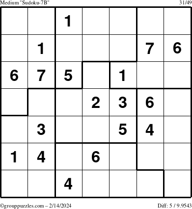 The grouppuzzles.com Medium Sudoku-7B puzzle for Wednesday February 14, 2024