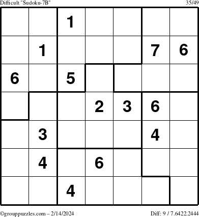 The grouppuzzles.com Difficult Sudoku-7B puzzle for Wednesday February 14, 2024