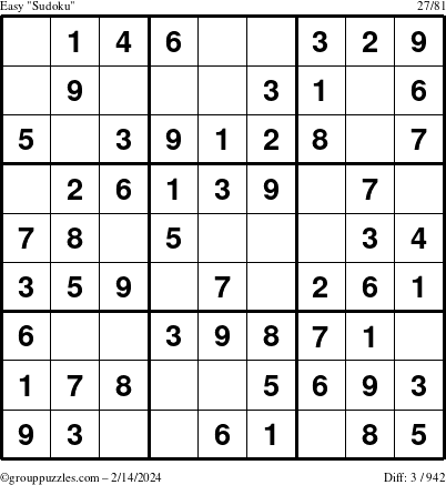 The grouppuzzles.com Easy Sudoku puzzle for Wednesday February 14, 2024