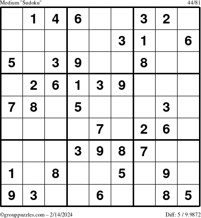 The grouppuzzles.com Medium Sudoku puzzle for Wednesday February 14, 2024