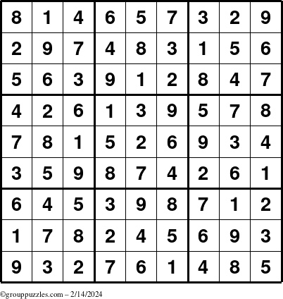 The grouppuzzles.com Answer grid for the Sudoku puzzle for Wednesday February 14, 2024