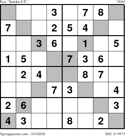 The grouppuzzles.com Easy Sudoku-8-X puzzle for Wednesday February 14, 2024