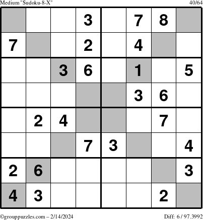 The grouppuzzles.com Medium Sudoku-8-X puzzle for Wednesday February 14, 2024