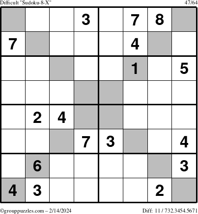 The grouppuzzles.com Difficult Sudoku-8-X puzzle for Wednesday February 14, 2024