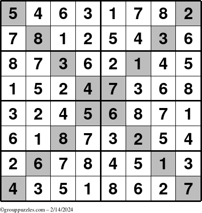 The grouppuzzles.com Answer grid for the Sudoku-8-X puzzle for Wednesday February 14, 2024