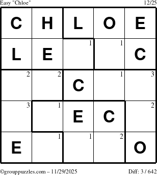 The grouppuzzles.com Easy Chloe puzzle for Saturday November 29, 2025 with the first 3 steps marked