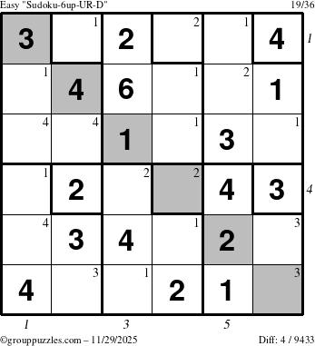 The grouppuzzles.com Easy Sudoku-6up-UR-D puzzle for Saturday November 29, 2025, suitable for printing, with all 4 steps marked