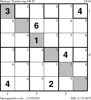The grouppuzzles.com Medium Sudoku-6up-UR-D puzzle for Saturday November 29, 2025 with all 6 steps marked