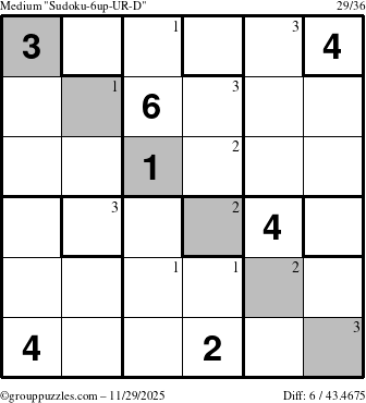 The grouppuzzles.com Medium Sudoku-6up-UR-D puzzle for Saturday November 29, 2025 with the first 3 steps marked