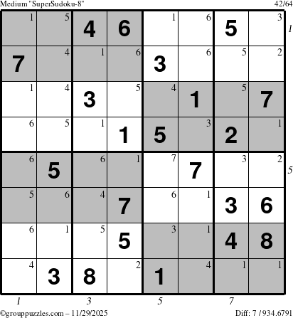 The grouppuzzles.com Medium SuperSudoku-8 puzzle for Saturday November 29, 2025, suitable for printing, with all 7 steps marked