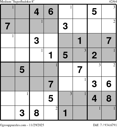 The grouppuzzles.com Medium SuperSudoku-8 puzzle for Saturday November 29, 2025 with the first 3 steps marked