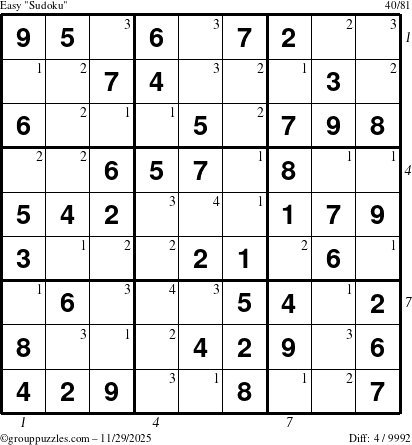 The grouppuzzles.com Easy Sudoku puzzle for Saturday November 29, 2025, suitable for printing, with all 4 steps marked
