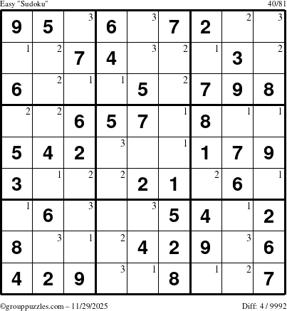 The grouppuzzles.com Easy Sudoku puzzle for Saturday November 29, 2025 with the first 3 steps marked