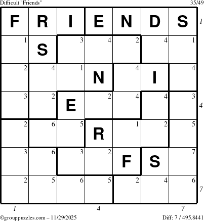 The grouppuzzles.com Difficult Friends puzzle for Saturday November 29, 2025, suitable for printing, with all 7 steps marked
