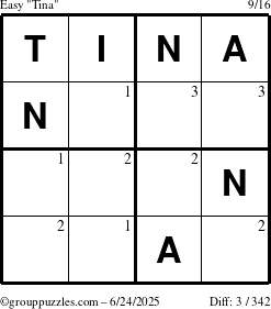 The grouppuzzles.com Easy Tina puzzle for Tuesday June 24, 2025 with the first 3 steps marked