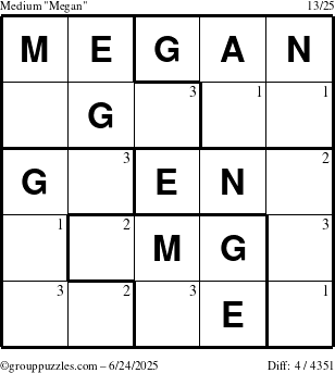 The grouppuzzles.com Medium Megan puzzle for Tuesday June 24, 2025 with the first 3 steps marked