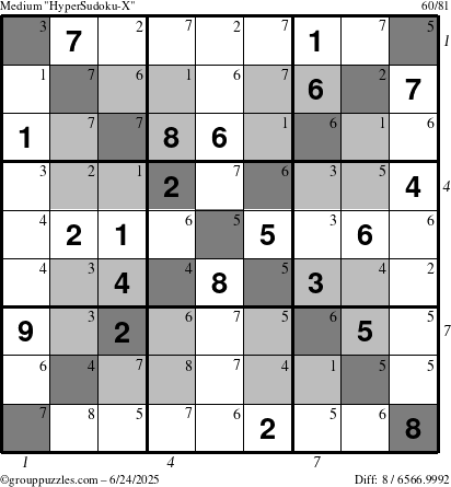 The grouppuzzles.com Medium HyperSudoku-X puzzle for Tuesday June 24, 2025 with all 8 steps marked