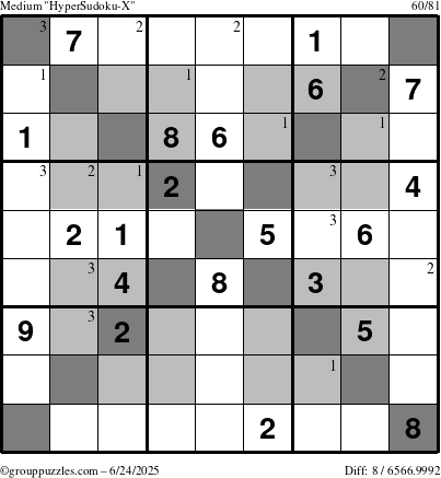 The grouppuzzles.com Medium HyperSudoku-X puzzle for Tuesday June 24, 2025 with the first 3 steps marked