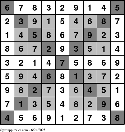The grouppuzzles.com Answer grid for the HyperSudoku-X puzzle for Tuesday June 24, 2025