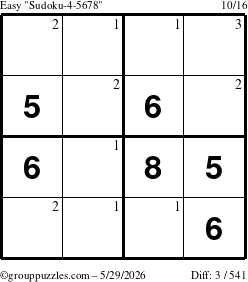 The grouppuzzles.com Easy Sudoku-4-5678 puzzle for Friday May 29, 2026 with the first 3 steps marked