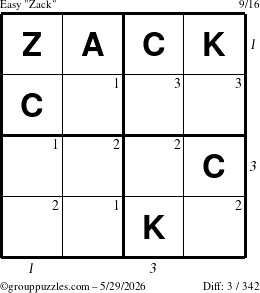 The grouppuzzles.com Easy Zack puzzle for Friday May 29, 2026 with all 3 steps marked