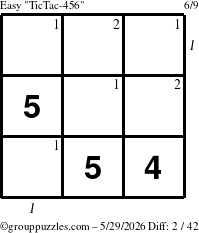 The grouppuzzles.com Easy TicTac-456 puzzle for Friday May 29, 2026 with all 2 steps marked