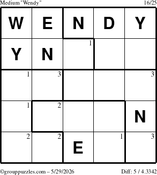 The grouppuzzles.com Medium Wendy puzzle for Friday May 29, 2026 with the first 3 steps marked