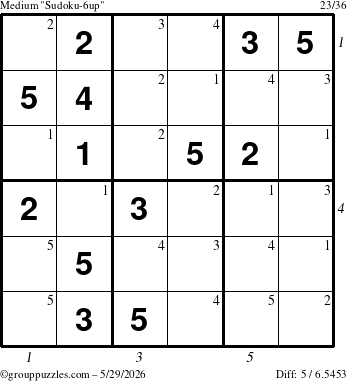 The grouppuzzles.com Medium Sudoku-6up puzzle for Friday May 29, 2026, suitable for printing, with all 5 steps marked