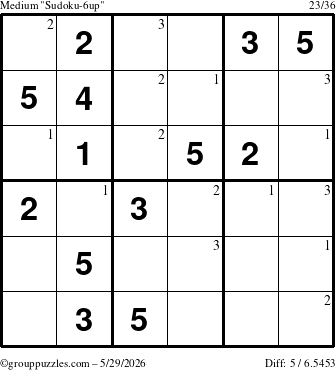 The grouppuzzles.com Medium Sudoku-6up puzzle for Friday May 29, 2026 with the first 3 steps marked