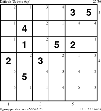 The grouppuzzles.com Difficult Sudoku-6up puzzle for Friday May 29, 2026 with all 5 steps marked