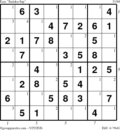 The grouppuzzles.com Easy Sudoku-8up puzzle for Friday May 29, 2026, suitable for printing, with all 4 steps marked