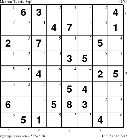 The grouppuzzles.com Medium Sudoku-8up puzzle for Friday May 29, 2026, suitable for printing, with all 7 steps marked