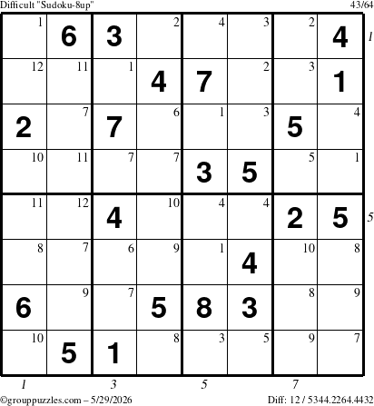 The grouppuzzles.com Difficult Sudoku-8up puzzle for Friday May 29, 2026, suitable for printing, with all 12 steps marked