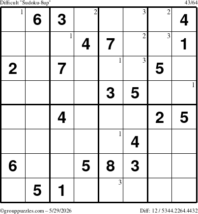 The grouppuzzles.com Difficult Sudoku-8up puzzle for Friday May 29, 2026 with the first 3 steps marked
