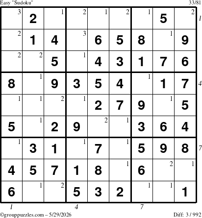 The grouppuzzles.com Easy Sudoku puzzle for Friday May 29, 2026, suitable for printing, with all 3 steps marked