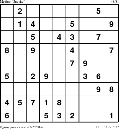 The grouppuzzles.com Medium Sudoku puzzle for Friday May 29, 2026