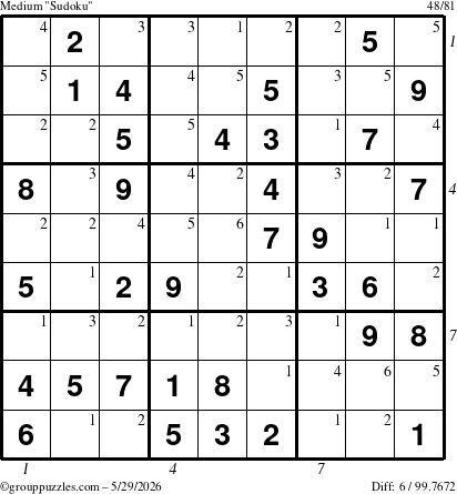 The grouppuzzles.com Medium Sudoku puzzle for Friday May 29, 2026, suitable for printing, with all 6 steps marked
