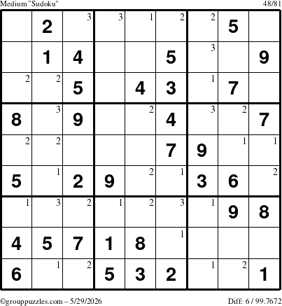 The grouppuzzles.com Medium Sudoku puzzle for Friday May 29, 2026 with the first 3 steps marked